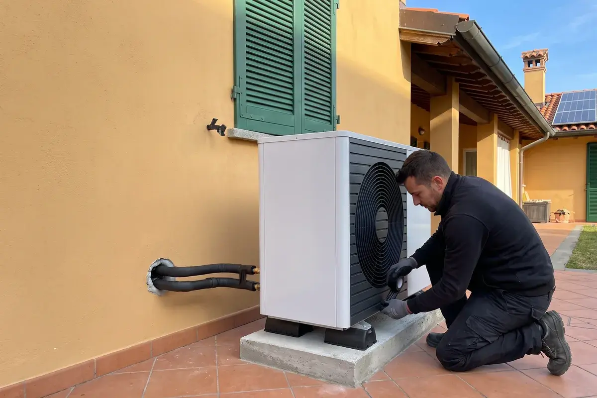 Installatore inginocchiato accanto a una pompa di calore aria-acqua monoblocco appena posata su un basamento, sul terrazzo di una villetta in intonaco ocra.