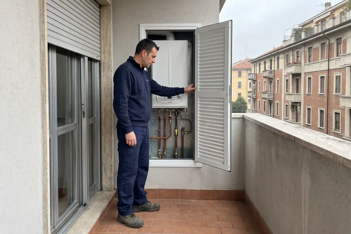 Tecnico che controlla il manometro di una caldaia a condensazione Immergas Victrix Tera V2 installata in un armadio da incasso sul balcone di un condominio.