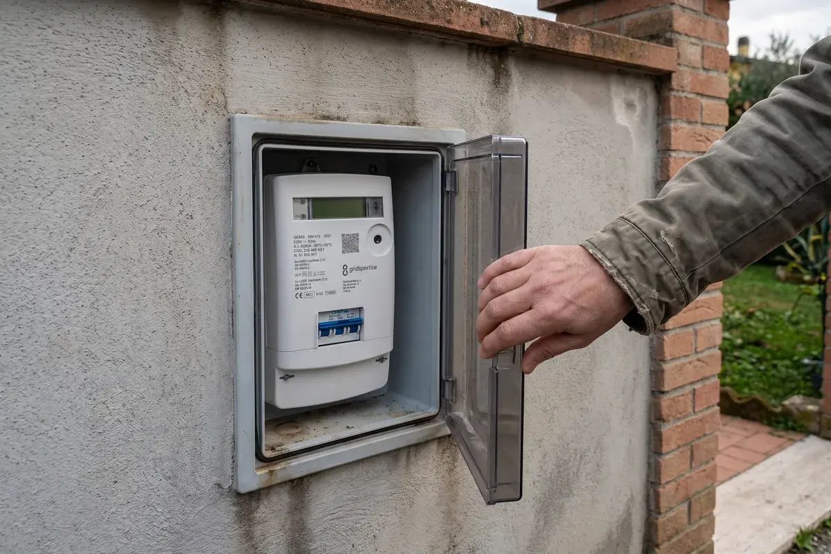Proprietario che apre lo sportello trasparente della cassetta nel muro di cinta di una villetta, dove è montato un contatore e-distribuzione Open Meter 2G.