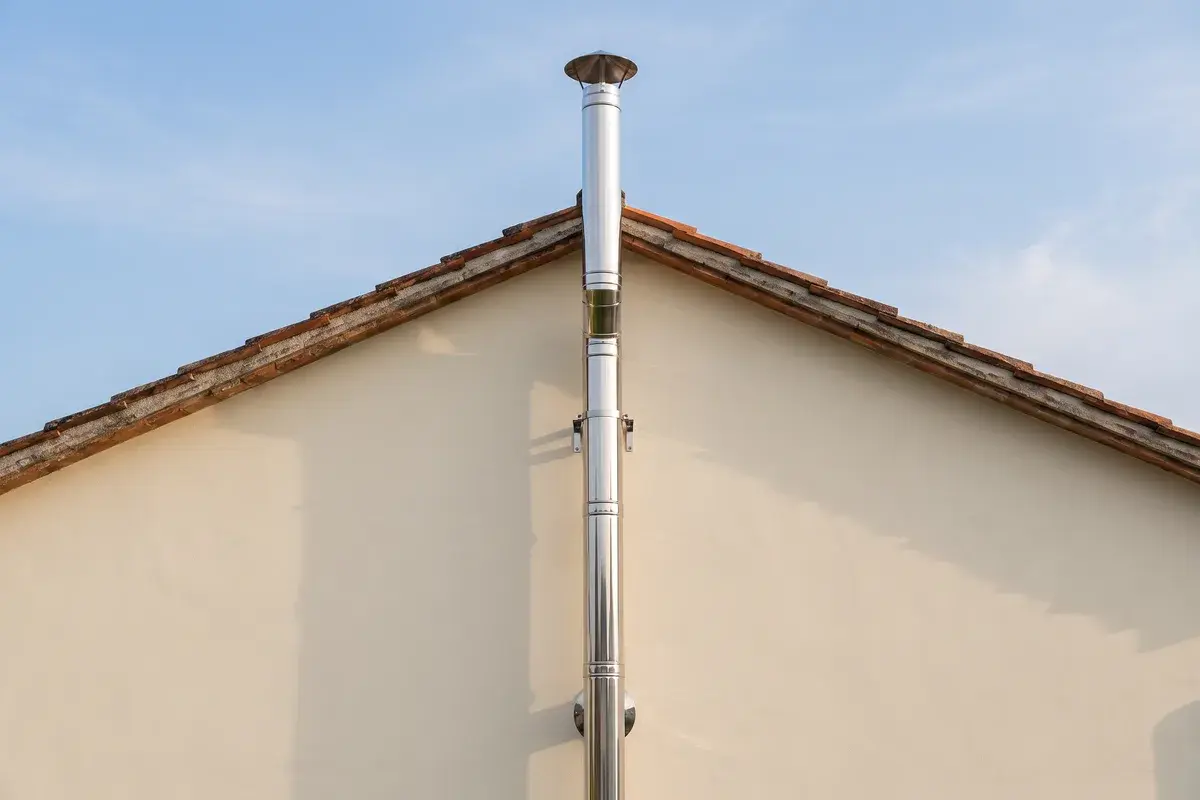 Canna fumaria esterna in acciaio inox a doppia parete Jeremias DW-ECO 2.0 sul timpano intonacato di una villa con tetto in coppi: staffe a muro, giunti tra i moduli e comignolo circa un metro sopra il colmo.