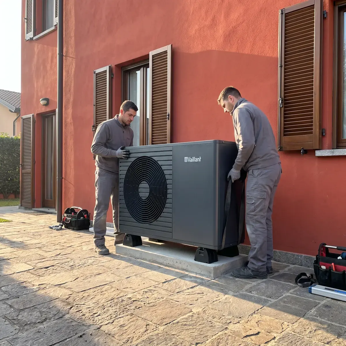 Due installatori posano un'unità esterna Vaillant aroTHERM plus sui piedini antivibranti, nel cortile di una villetta in intonaco rosso.