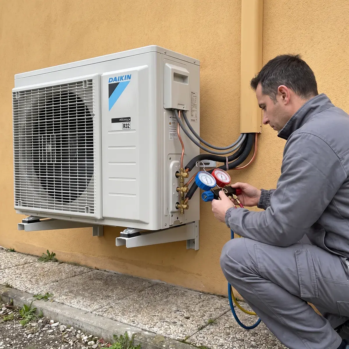Frigorista che legge il gruppo manometrico collegato alle valvole di servizio di un'unità esterna Daikin Altherma 3 R su staffe.