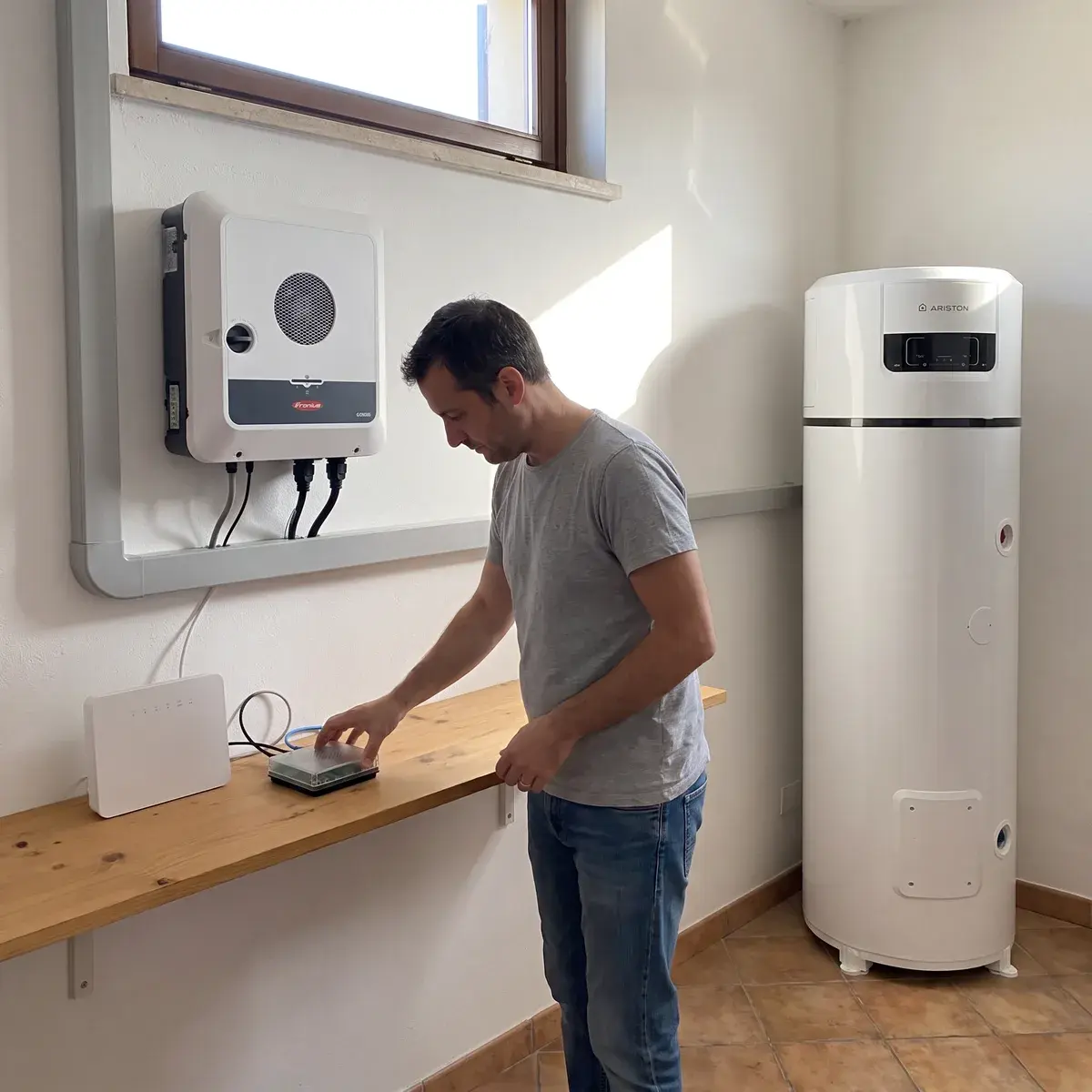Proprietario che posa un Home Assistant Green accanto al router, in un locale tecnico con l’inverter Fronius Primo GEN24 Plus e lo scaldacqua a pompa di calore Ariston Nuos Plus.