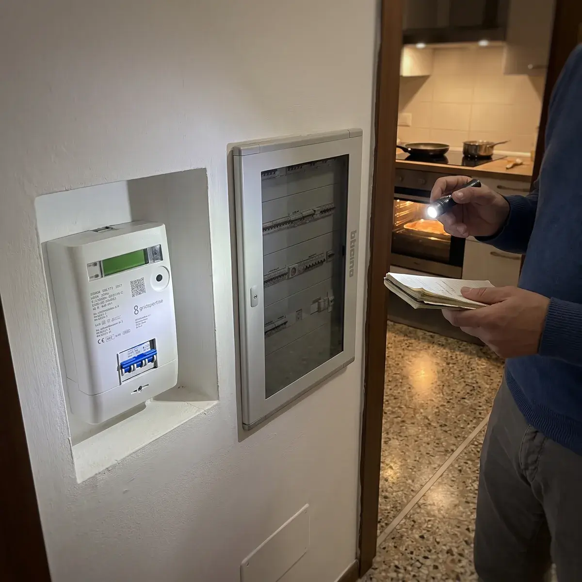 Proprietario che illumina con una torcia il contatore e-distribuzione Open Meter 2G nella nicchia dell’ingresso, accanto al quadro BTicino, con forno e piano a induzione accesi in cucina.