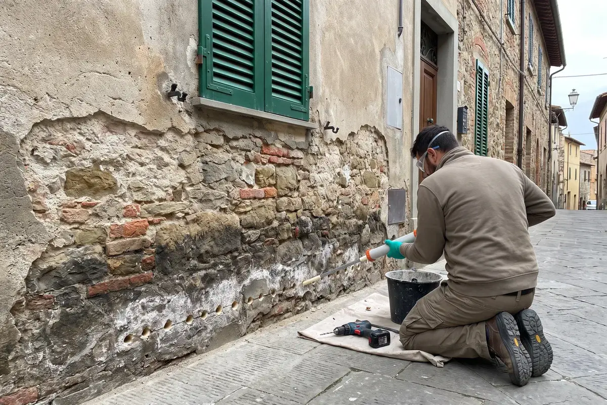 Tecnico inginocchiato che inietta una crema impermeabilizzante nei fori praticati alla base di un muro in pietra e mattoni, sotto la fascia umida con i sali bianchi.