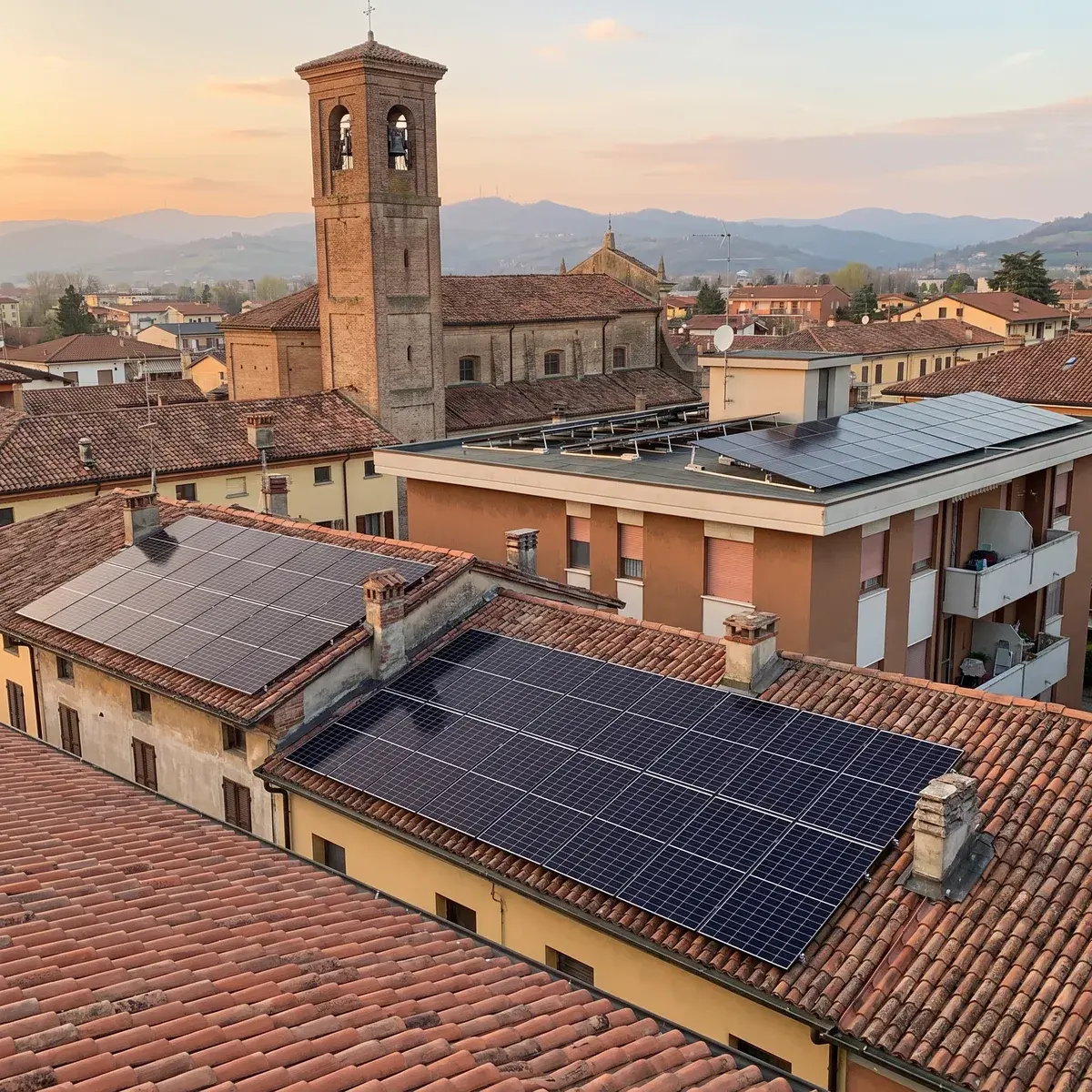 Tetti in coppi di una cittadina emiliana con campanile, dove più edifici, compreso un condominio, montano moduli Trina Vertex S+ full black.
