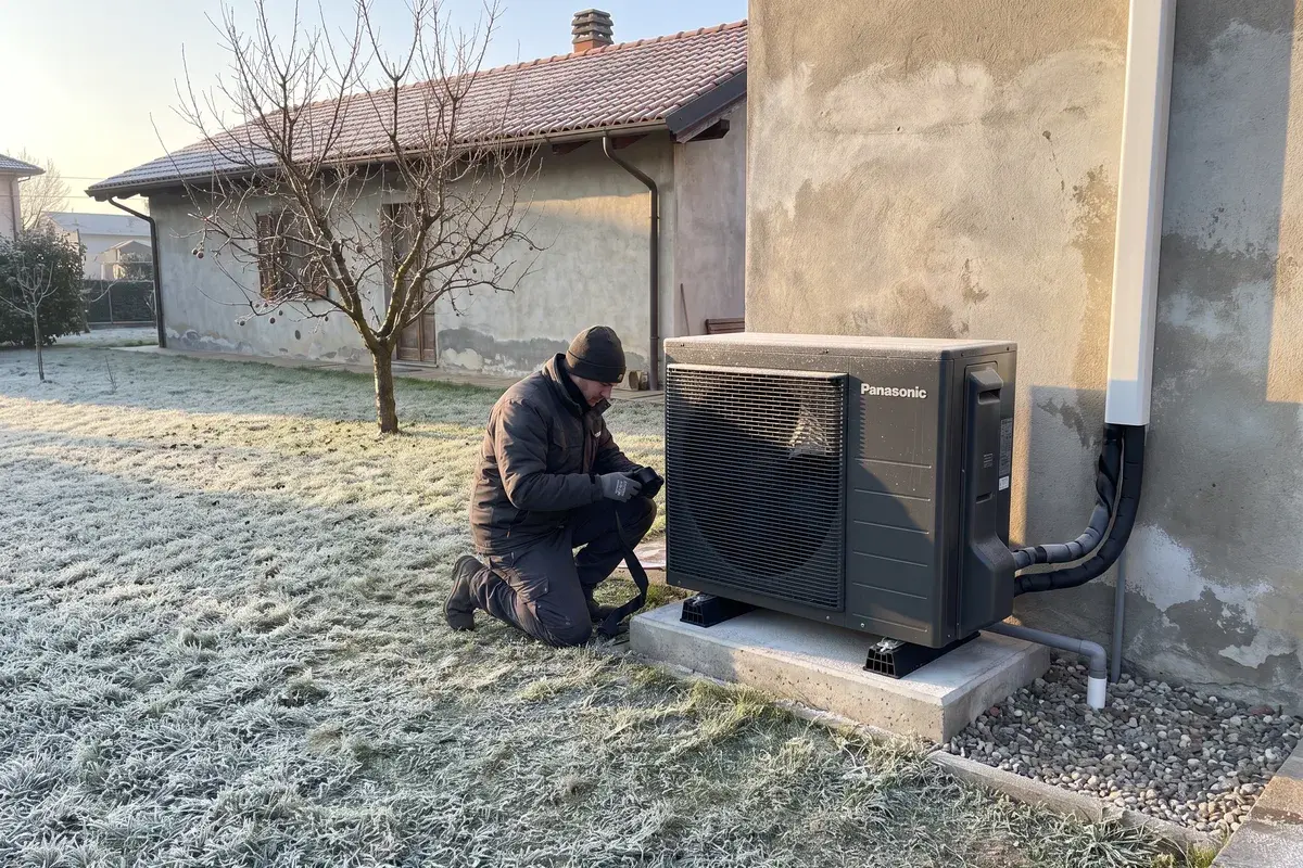 Installatore che isola le tubazioni d'acqua di una pompa di calore monoblocco Panasonic Aquarea L in un giardino gelato del Piemonte.