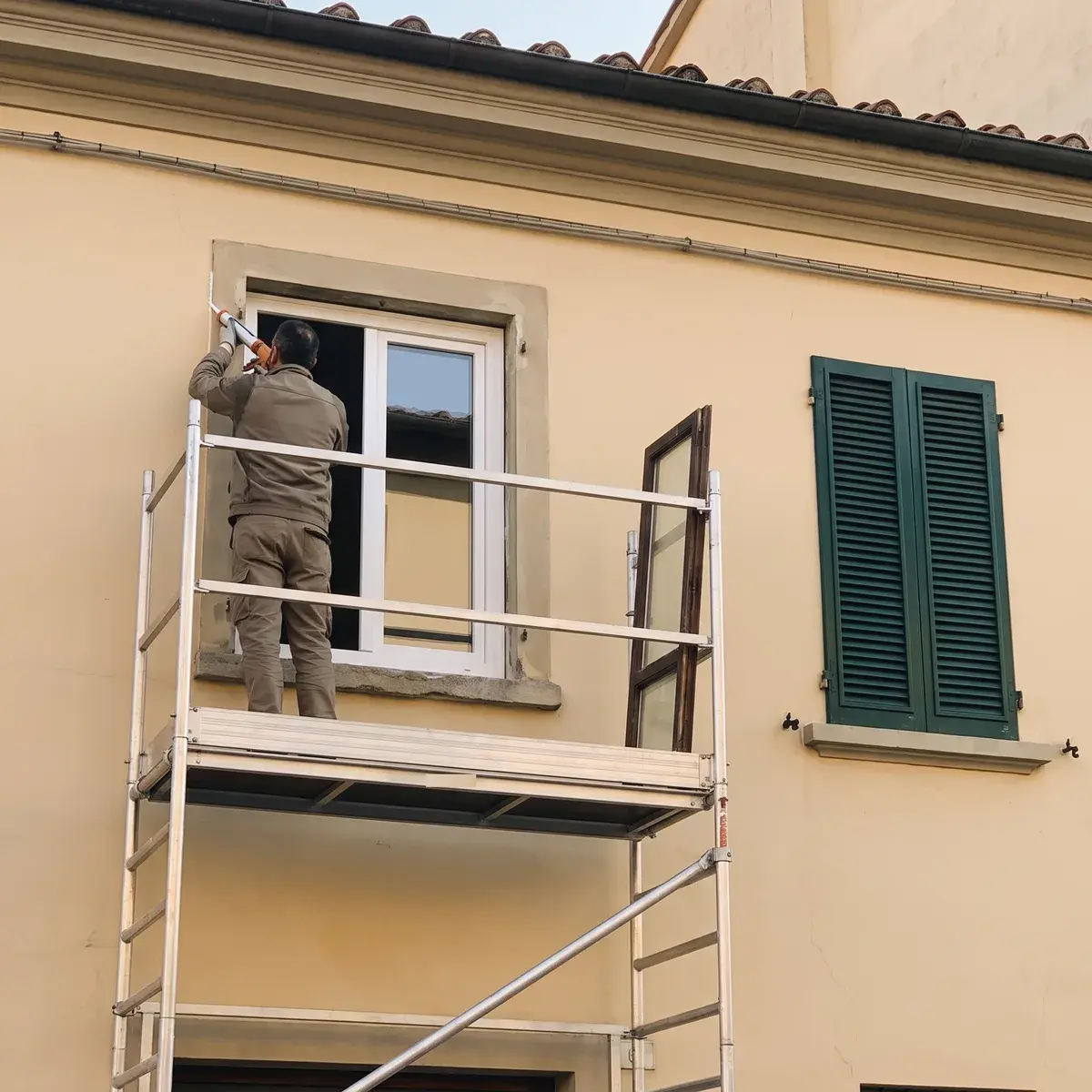 Serramentista su un trabattello che sigilla il giunto esterno di una finestra nuova in PVC bianco Finstral sulla facciata intonacata di una palazzina, con il vecchio serramento in legno appoggiato al parapetto e una persiana verde chiusa accanto.