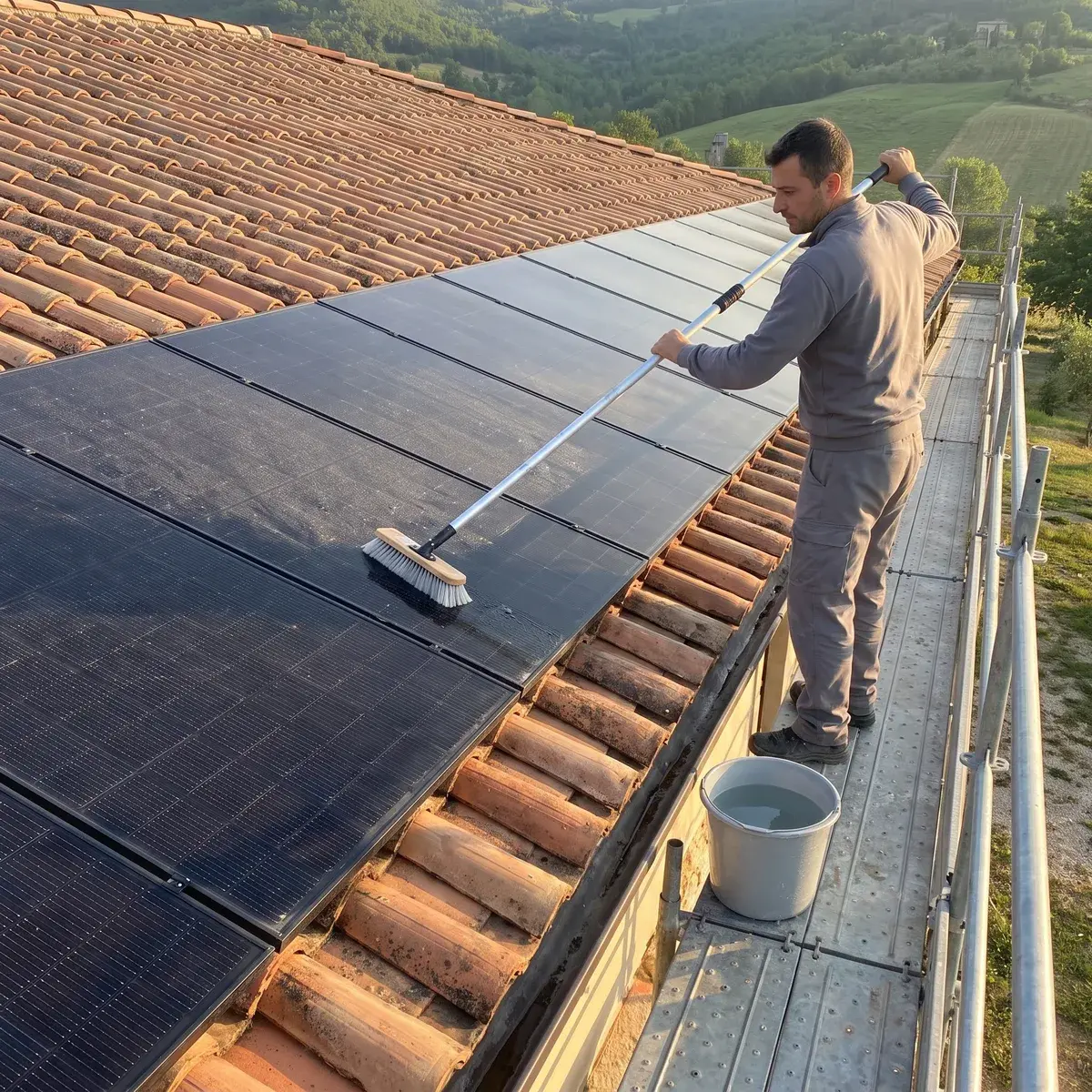 Tecnico che pulisce con spazzola morbida e acqua i moduli LONGi Hi-MO X10 di un tetto in coppi, dal ponteggio.