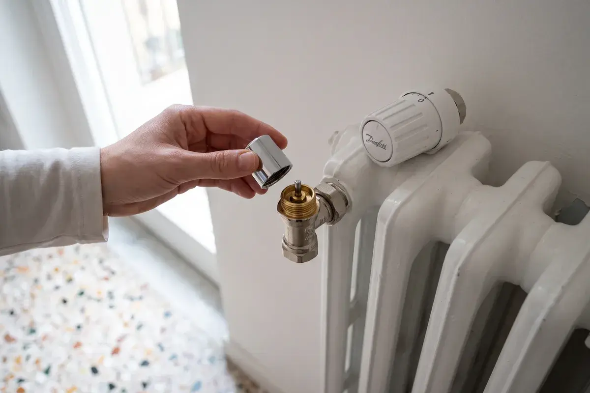 Una mano tiene la manopola cromata appena svitata da una valvola Danfoss RA-N su un termosifone in ghisa: sulla valvola si vede il perno, e sopra il termosifone è appoggiata una testa termostatica Danfoss RA 2990.