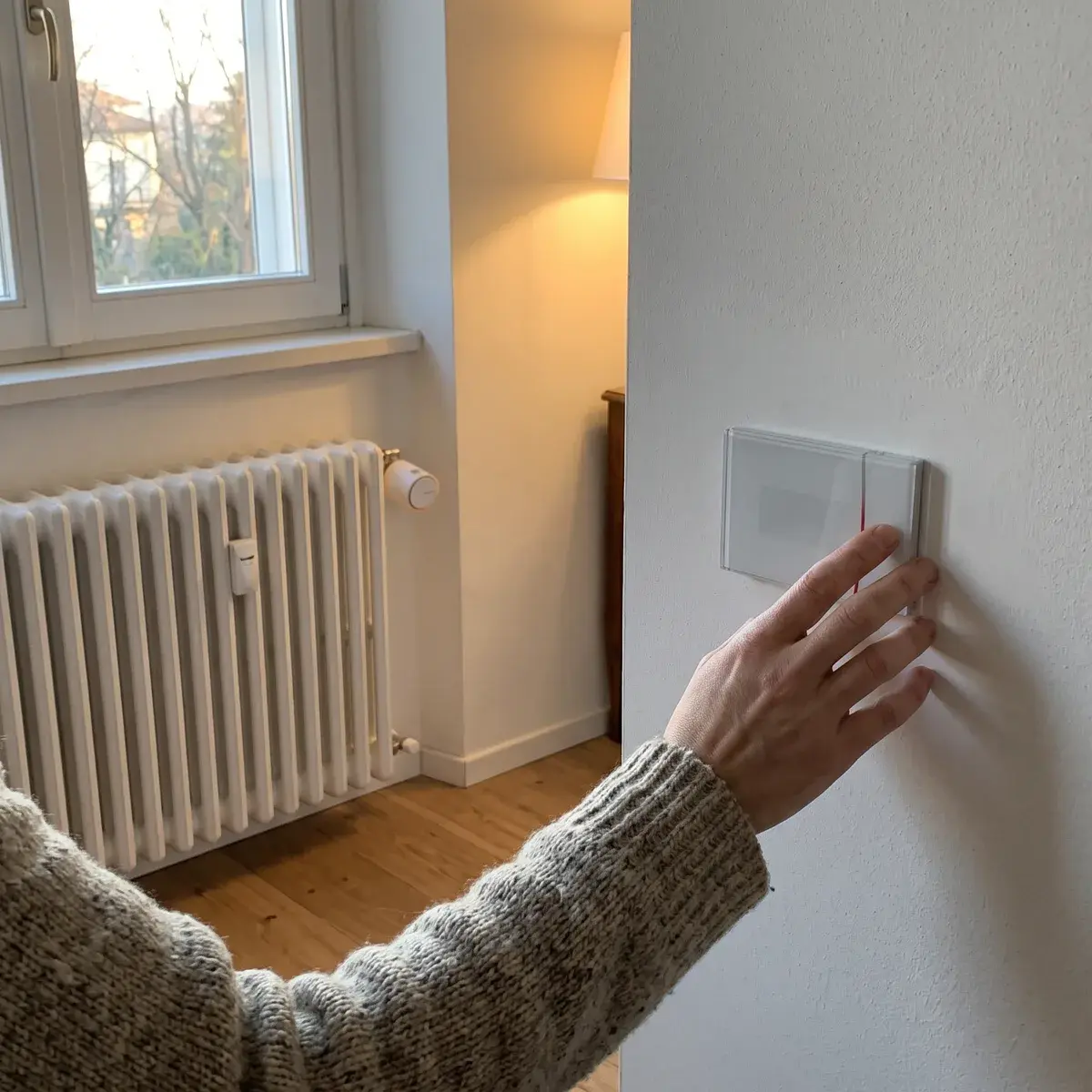 Mano che tocca il termostato BTicino Smarther2 with Netatmo a incasso, con un radiatore sotto la finestra dotato di testa termostatica Netatmo.