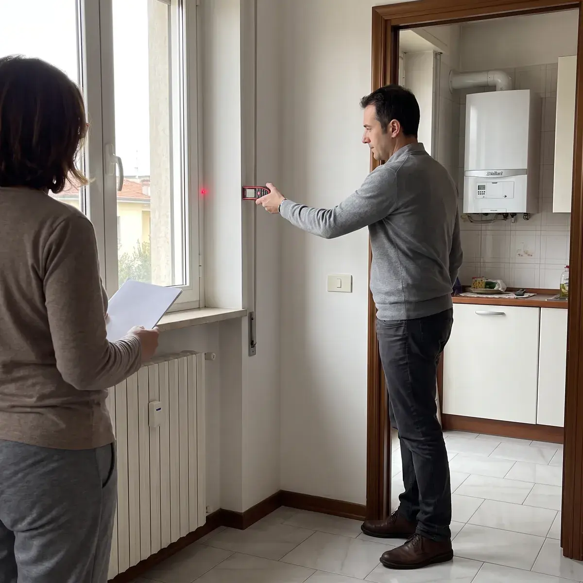 In un appartamento degli anni Settanta un certificatore misura il soggiorno con un distanziometro laser Leica DISTO D2 mentre la proprietaria aspetta con alcuni fogli; in cucina si vede una caldaia murale Vaillant ecoTEC plus.