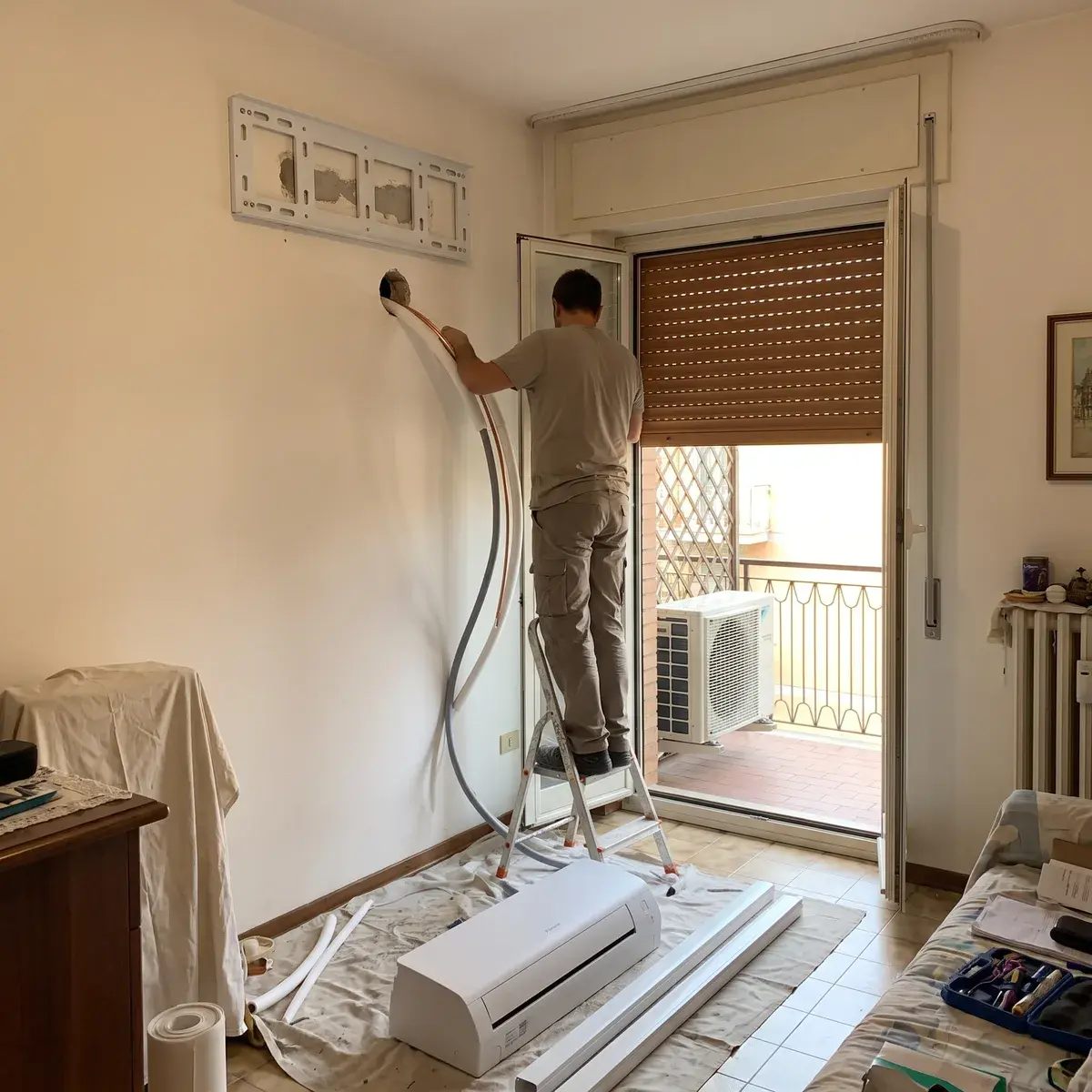Un installatore su una scaletta infila le linee frigorifere isolate e il tubo della condensa nel foro sotto la staffa di un Daikin Perfera, con l'unità esterna Daikin RXM-A sul balcone.