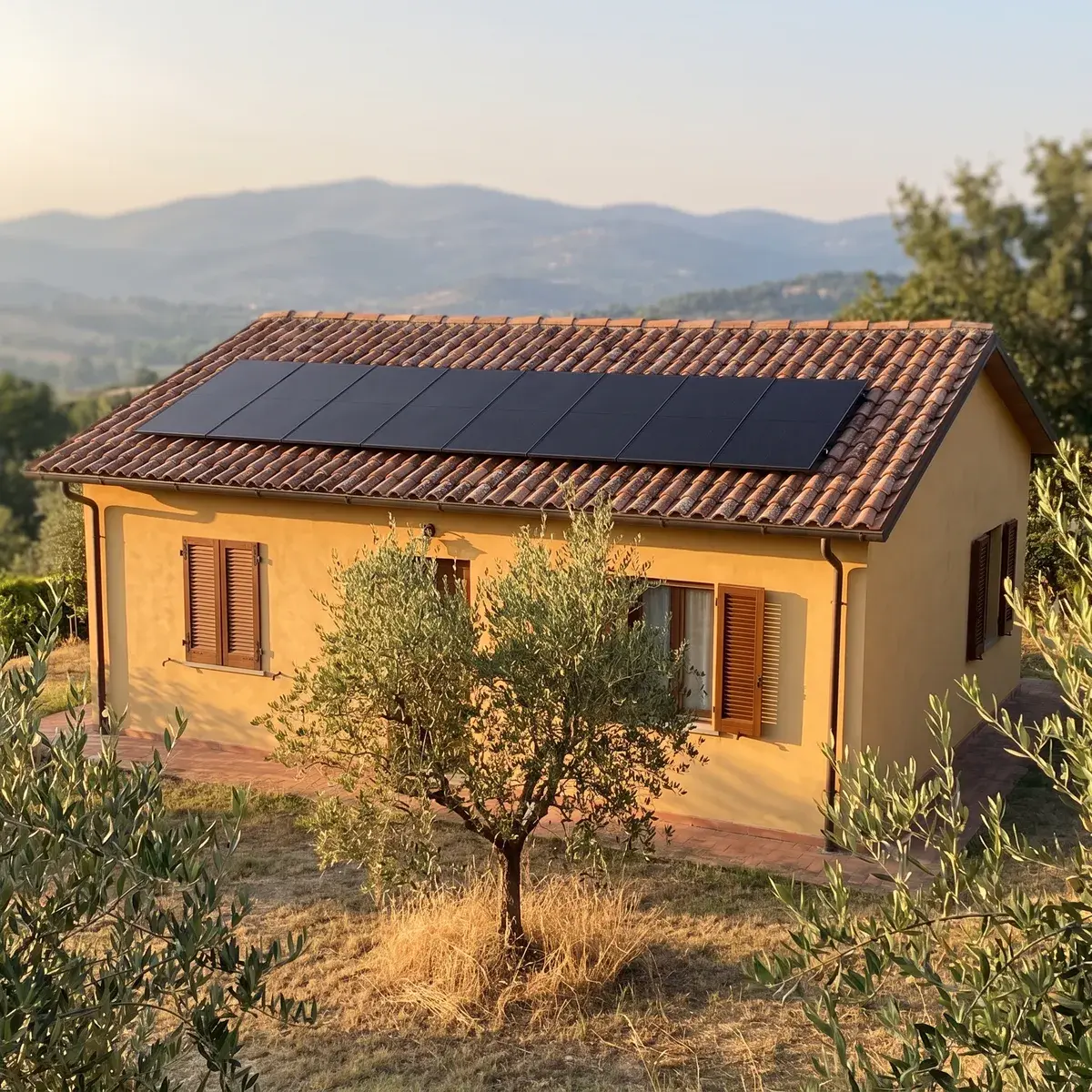 Piccola casa in intonaco ocra con una sola fila di moduli AIKO Neostar full black sul tetto in coppi, tra gli ulivi.