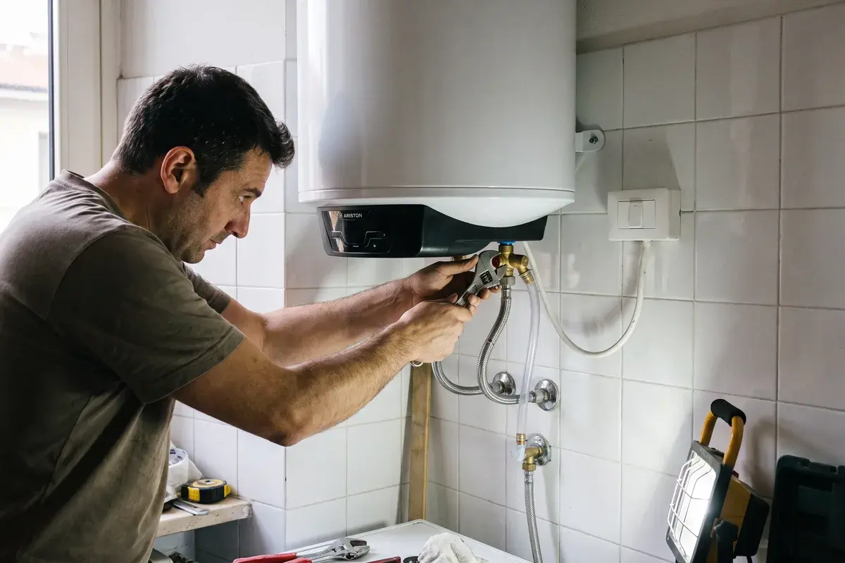 Idraulico che serra con una chiave regolabile la valvola di sicurezza in ottone sotto uno scaldabagno elettrico Ariston Pro1 Eco 80.