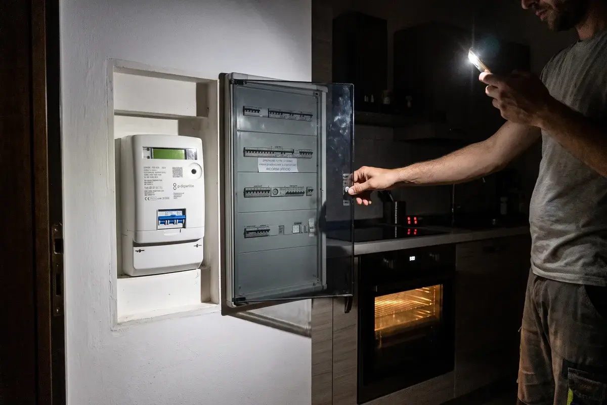 Proprietario che riarma il limitatore di un contatore Open Meter 2G scattato con forno e piano a induzione accesi.