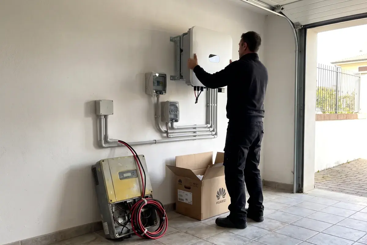 Elettricista che monta un nuovo inverter Huawei SUN2000 in garage al posto del vecchio, appoggiato a terra con i cavi scollegati.