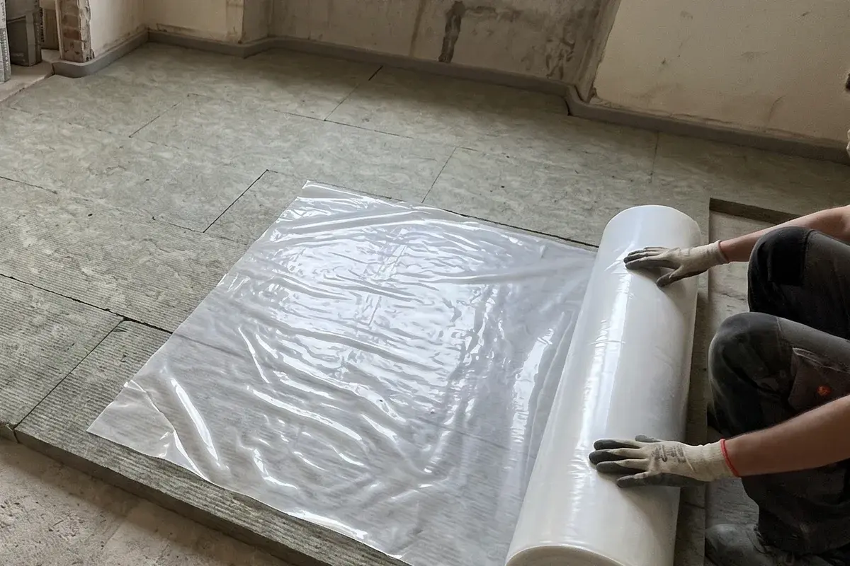 Pannelli rigidi in lana di roccia posati accostati sul solaio grezzo di un appartamento in ristrutturazione, con la fascia perimetrale risvoltata sul muro e un telo in polietilene steso sopra prima del massetto.